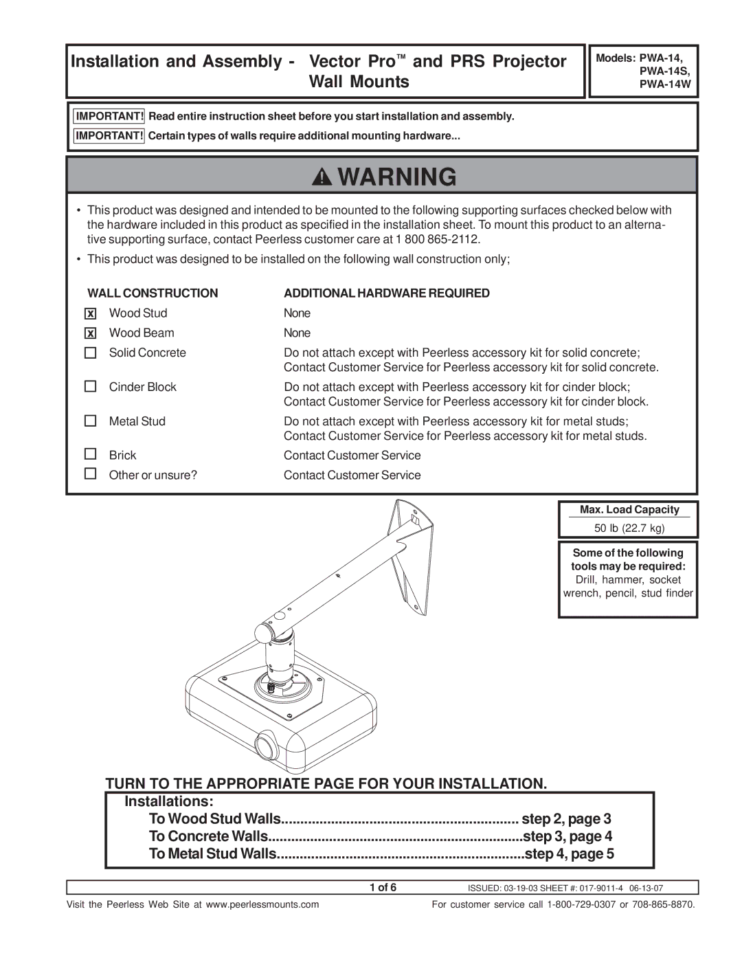 Vector PWA-14S, PWA-14W instruction sheet Turn to the Appropriate page for Your Installation 