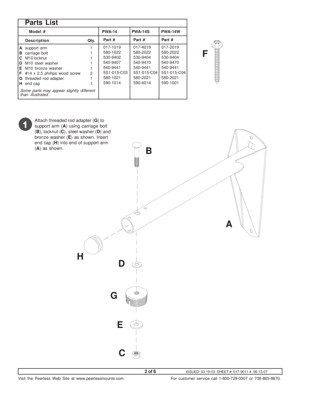 Vector PWA-14W, PWA-14S instruction sheet Parts List 