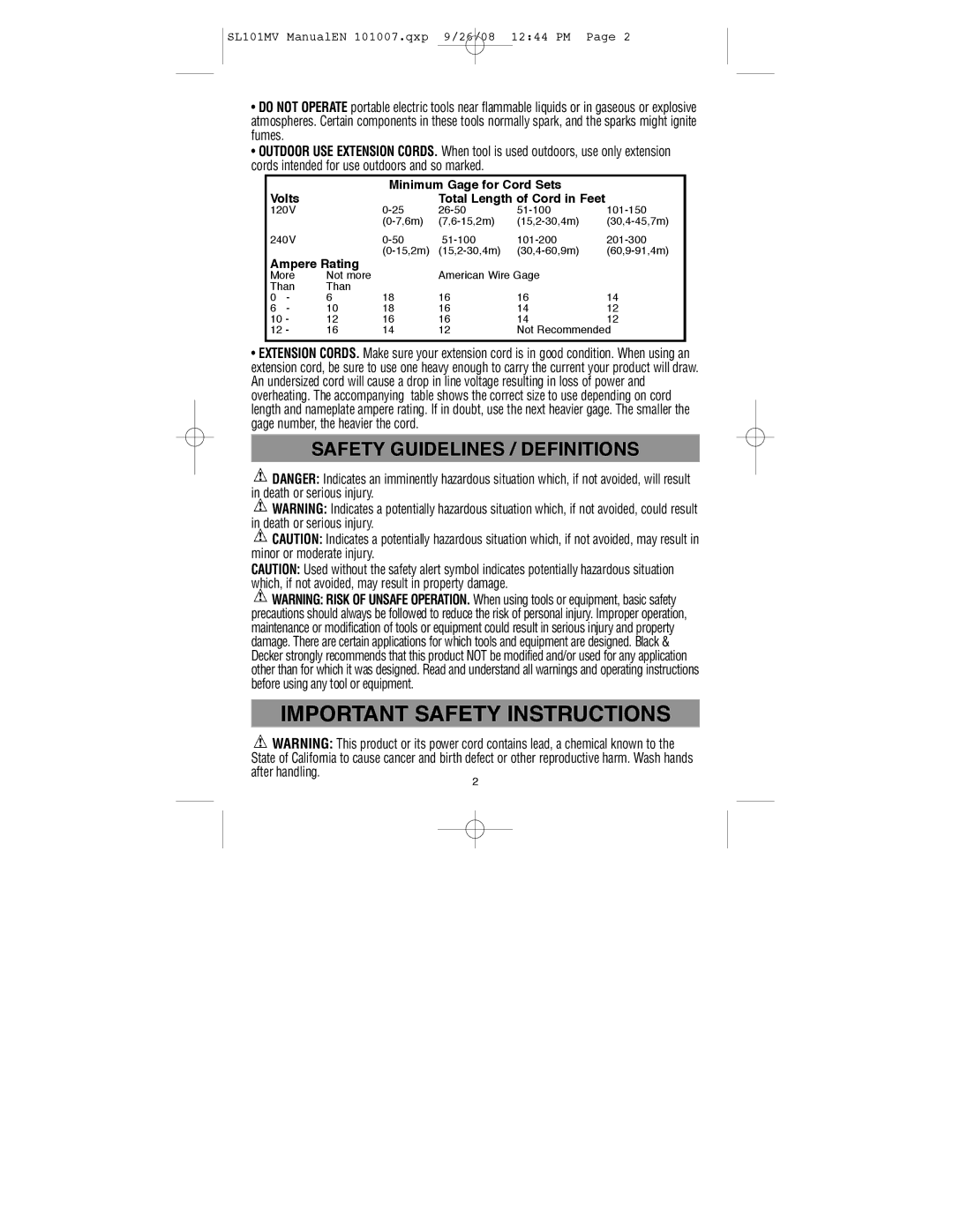 Vector 90519935, SL101MV instruction manual Important Safety Instructions 