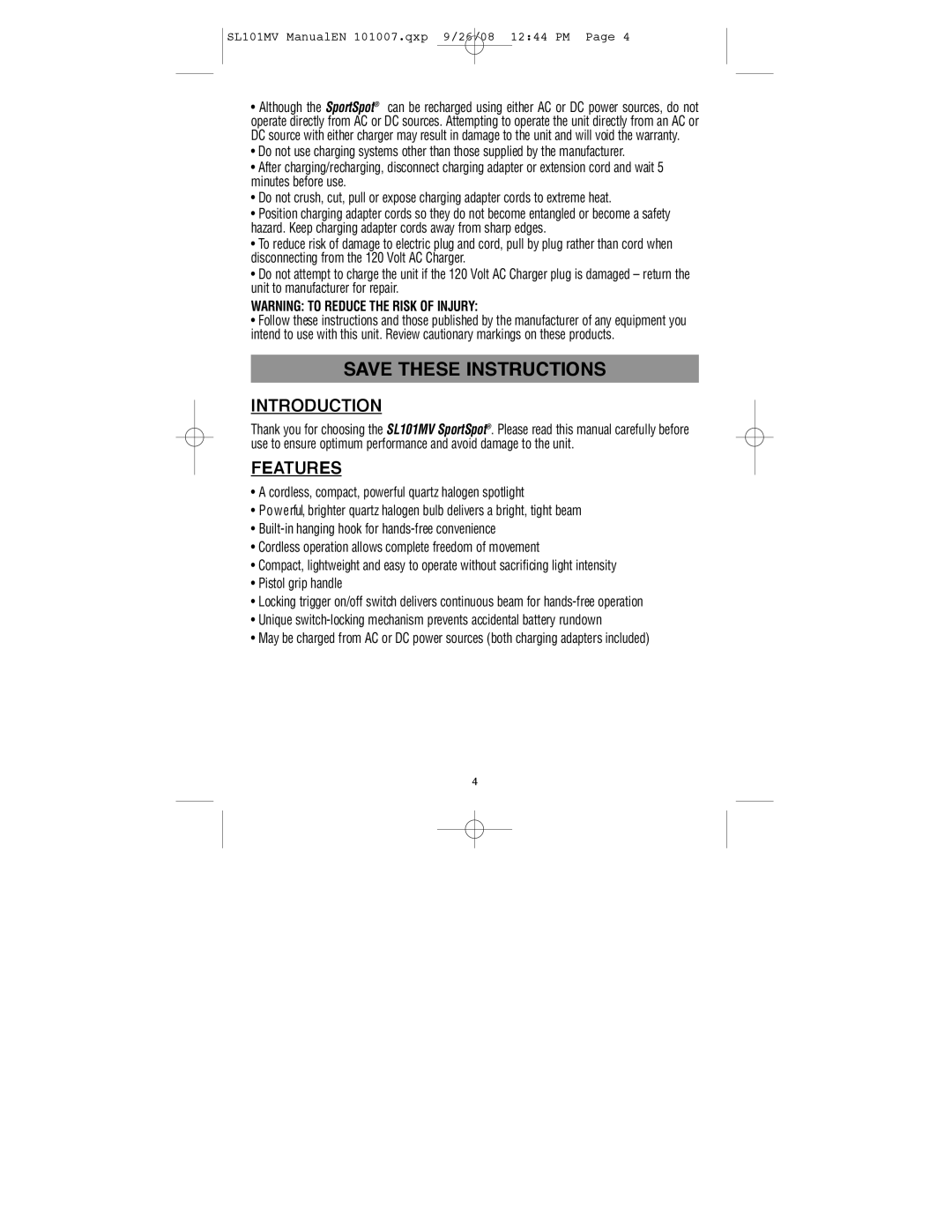 Vector 90519935, SL101MV instruction manual Introduction, Features 