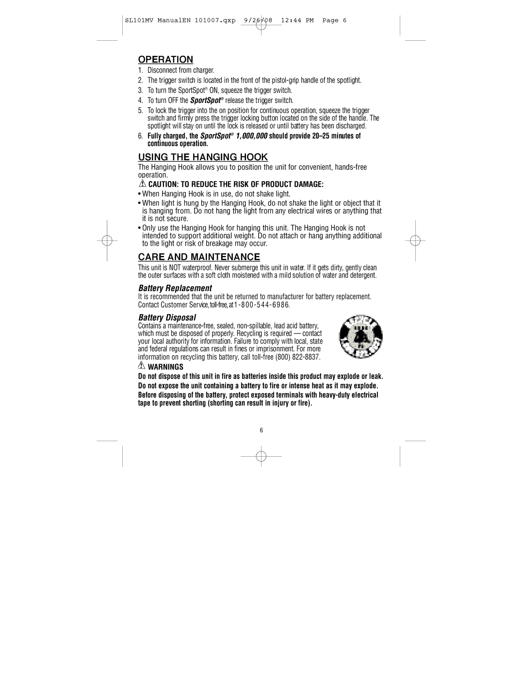 Vector 90519935, SL101MV instruction manual Operation, Using the Hanging Hook, Care and Maintenance 