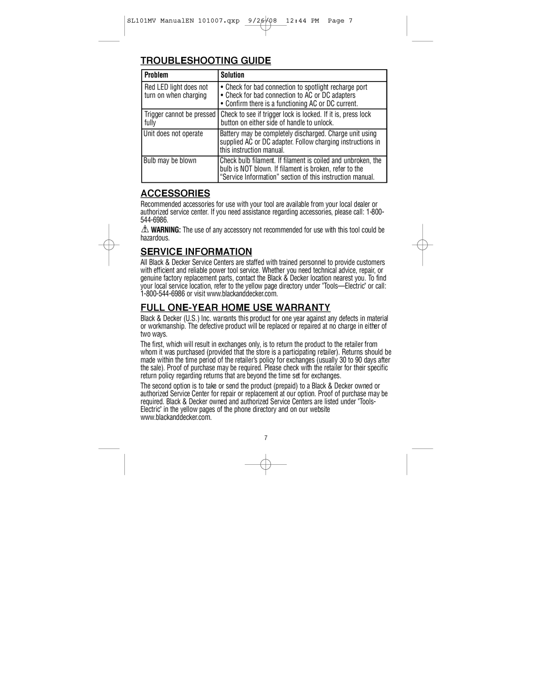 Vector SL101MV, 90519935 Troubleshooting Guide, Accessories, Service Information Full ONE-YEAR Home USE Warranty 