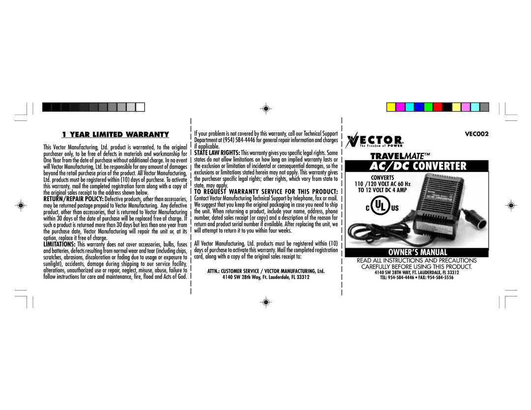 Vector VEC002 owner manual AC/DC Converter, Year Limited Warranty 