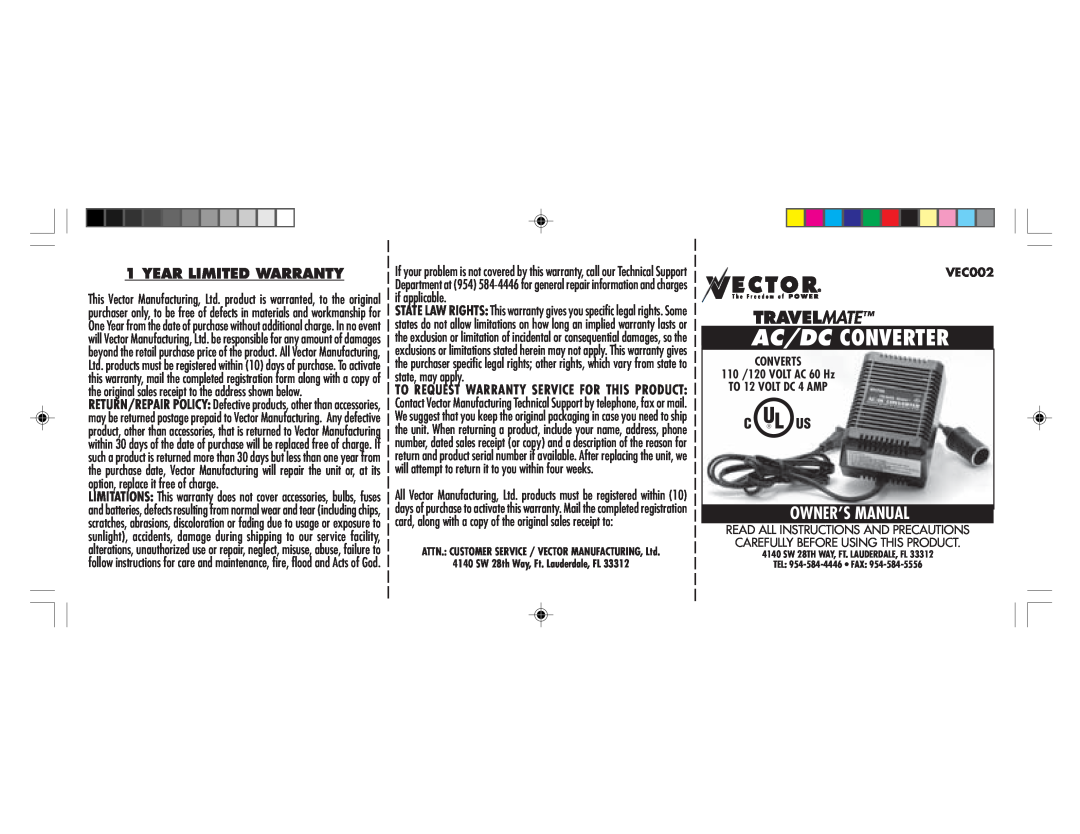 Vector VEC002 owner manual Year Limited Warranty, Ac/Dc Converter, Owner’S Manual 