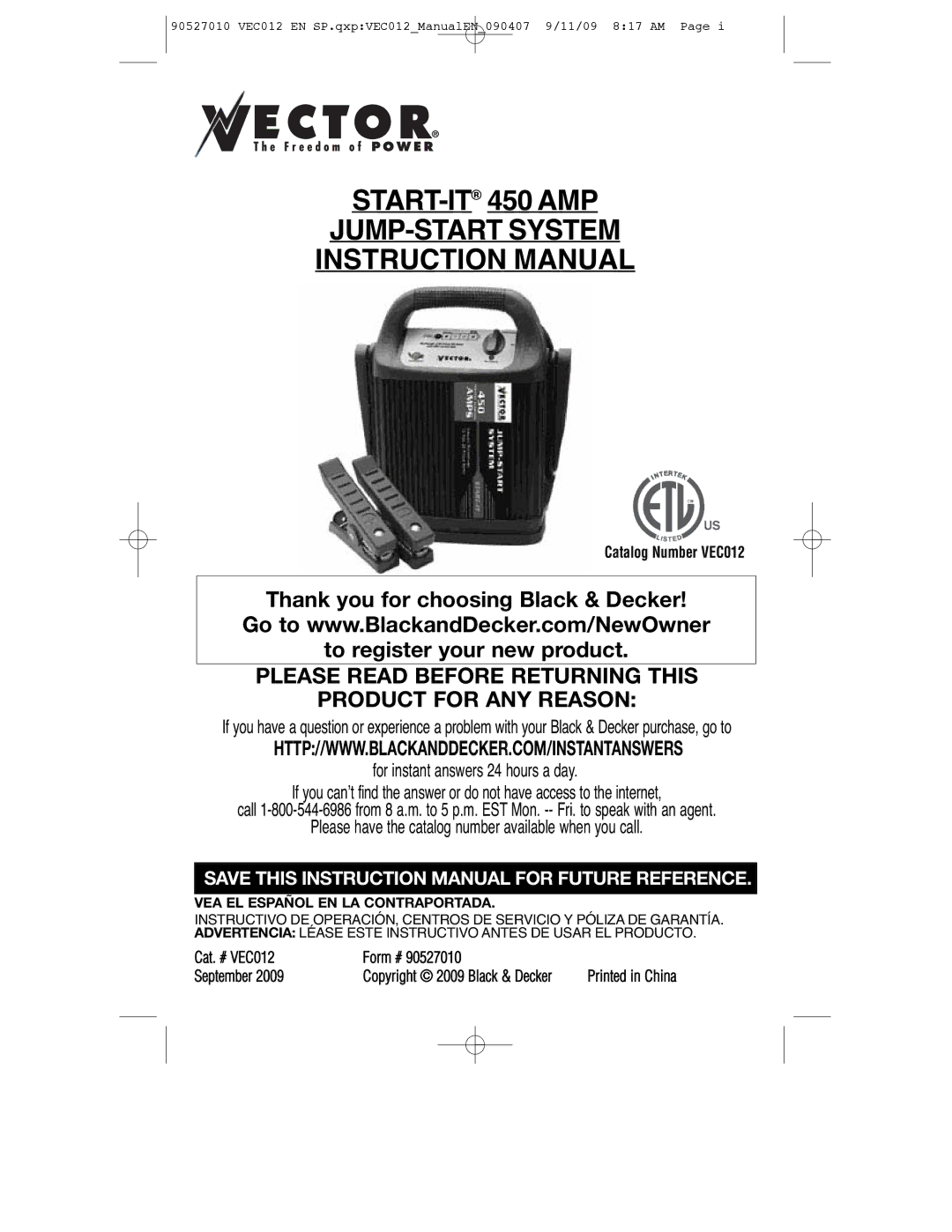 Vector VEC012 instruction manual START-IT450 AMP JUMP-START System 