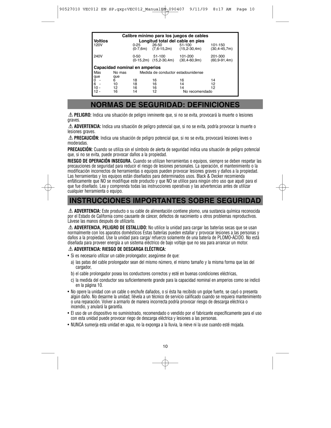 Vector VEC012 instruction manual Advertencia Riesgo DE Descarga Eléctrica, Voltios Longitud total del cable en pies 