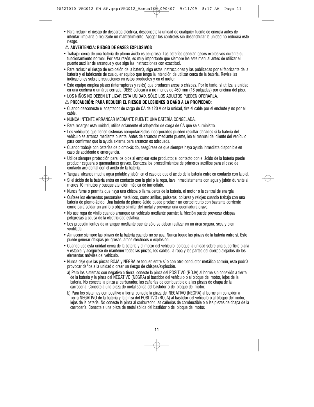 Vector VEC012 instruction manual Advertencia Riesgo DE Gases Explosivos 