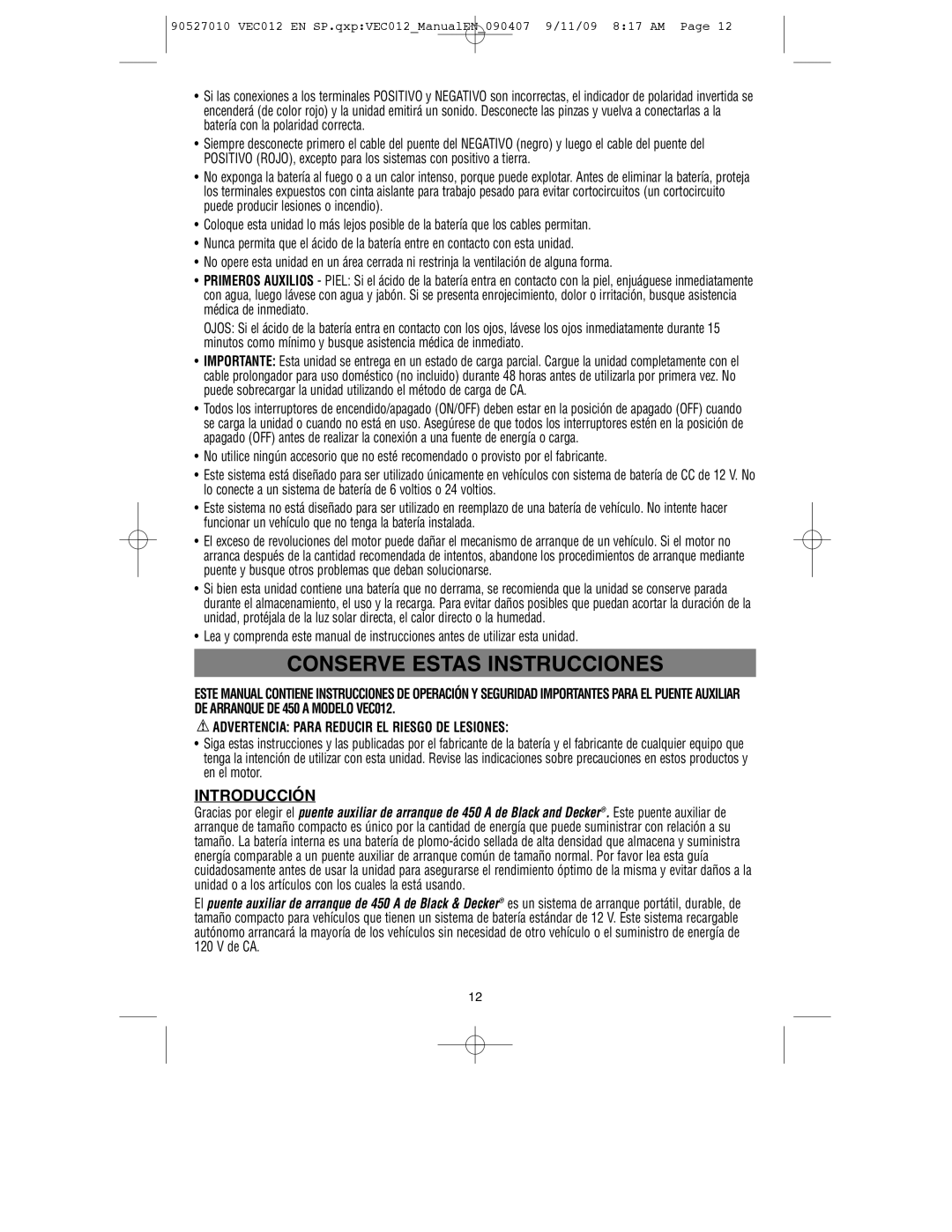 Vector VEC012 instruction manual Introducción, Advertencia Para Reducir EL Riesgo DE Lesiones 