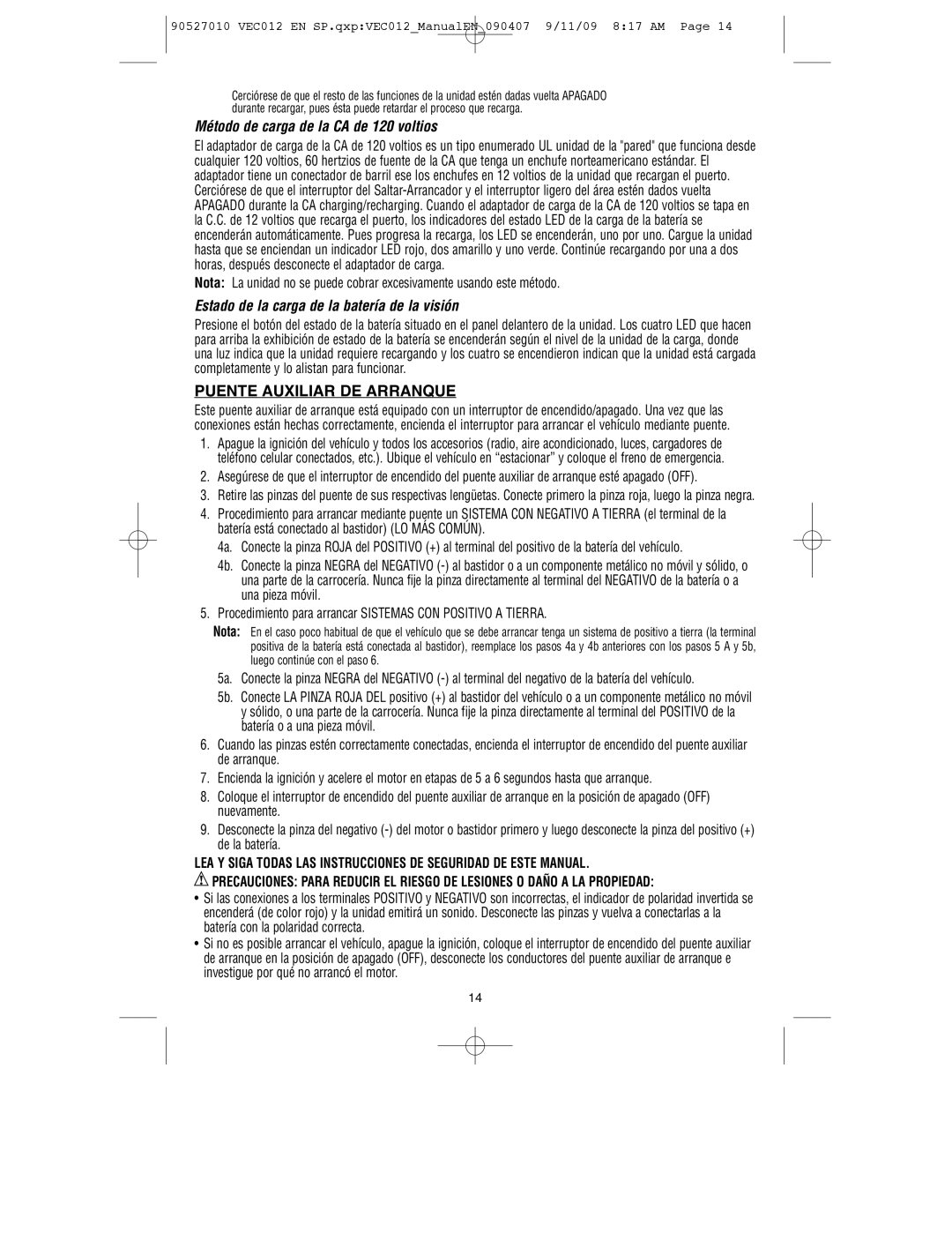 Vector VEC012 instruction manual Método de carga de la CA de 120 voltios, Estado de la carga de la batería de la visión 