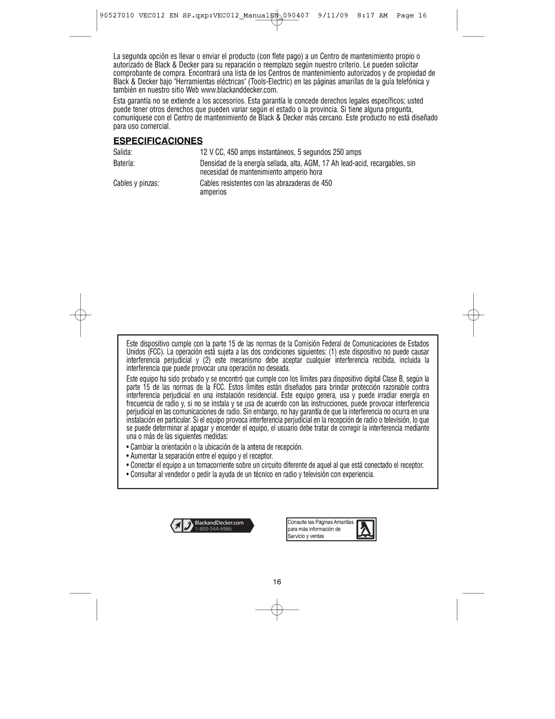 Vector VEC012 instruction manual Especificaciones 