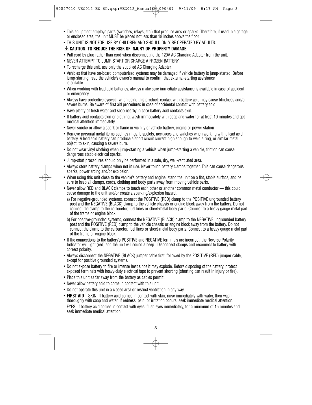 Vector VEC012 instruction manual Never Attempt to JUMP-START or Charge a Frozen Battery 