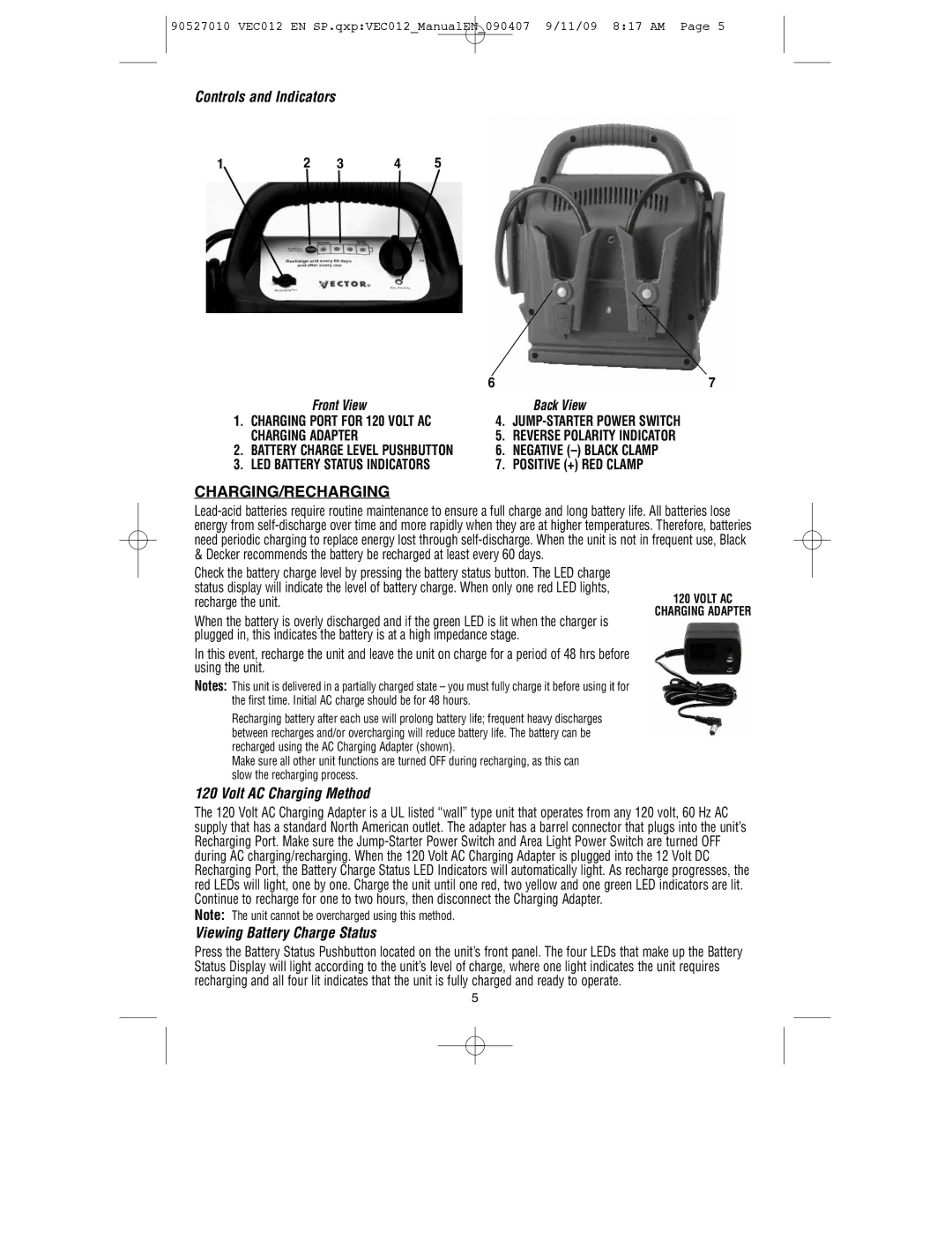 Vector VEC012 Controls and Indicators, Charging/Recharging, Volt AC Charging Method, Viewing Battery Charge Status 