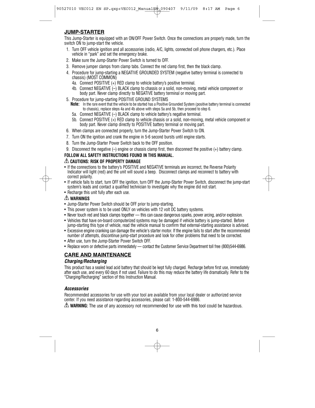 Vector VEC012 instruction manual Jump-Starter, Care and Maintenance, Charging/Recharging Accessories 