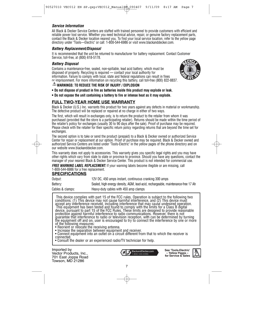 Vector VEC012 Service Information Battery Replacement/Disposal, Battery Disposal, Full TWO-YEAR Home USE Warranty 