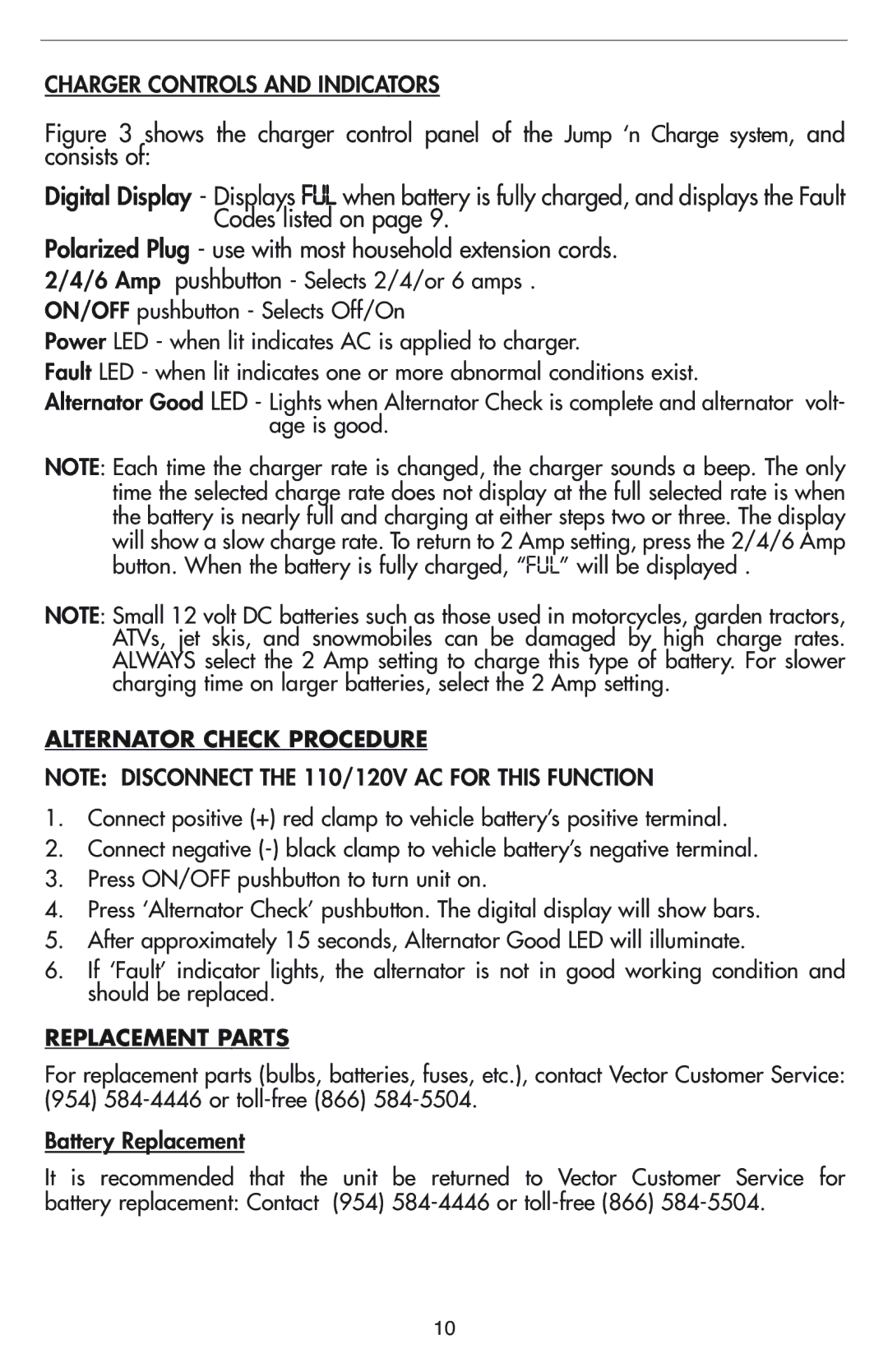 Vector VEC012B owner manual Charger Controls and Indicators, Alternator Check Procedure, Replacement Parts 