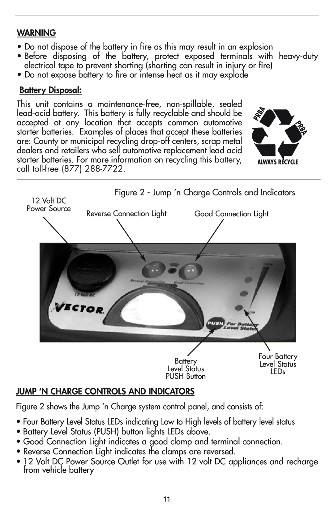 Vector VEC012B owner manual Prba, Jump ‘N Charge Controls and Indicators 