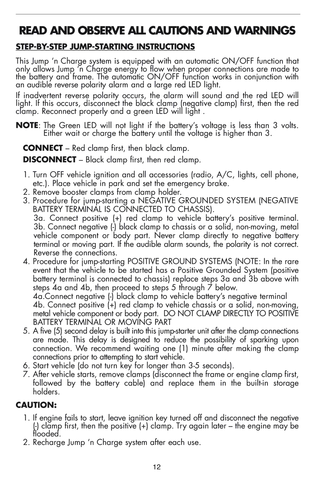 Vector VEC012B owner manual Read and Observe ALL Cautions and Warnings, STEP-BY-STEP JUMP-STARTING Instructions 