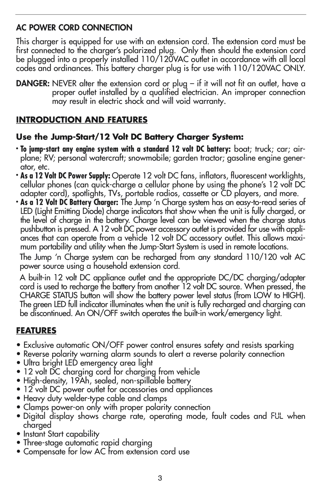 Vector VEC012B owner manual AC Power Cord Connection, Introduction and Features 