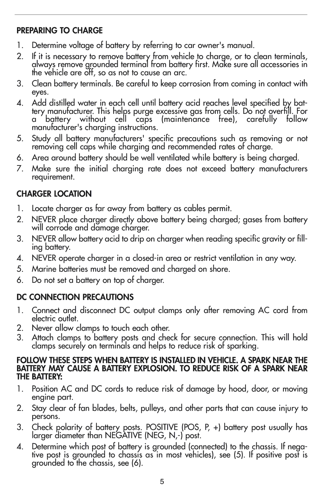 Vector VEC012B owner manual Preparing to Charge, Charger Location, DC Connection Precautions 