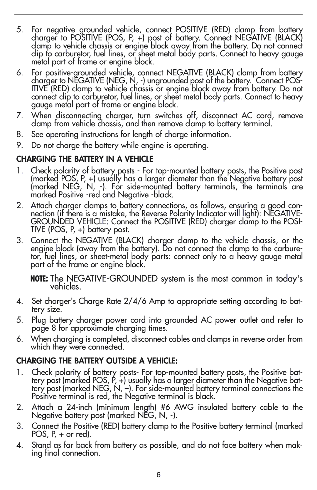 Vector VEC012B owner manual Charging the Battery in a Vehicle, Charging the Battery Outside a Vehicle 