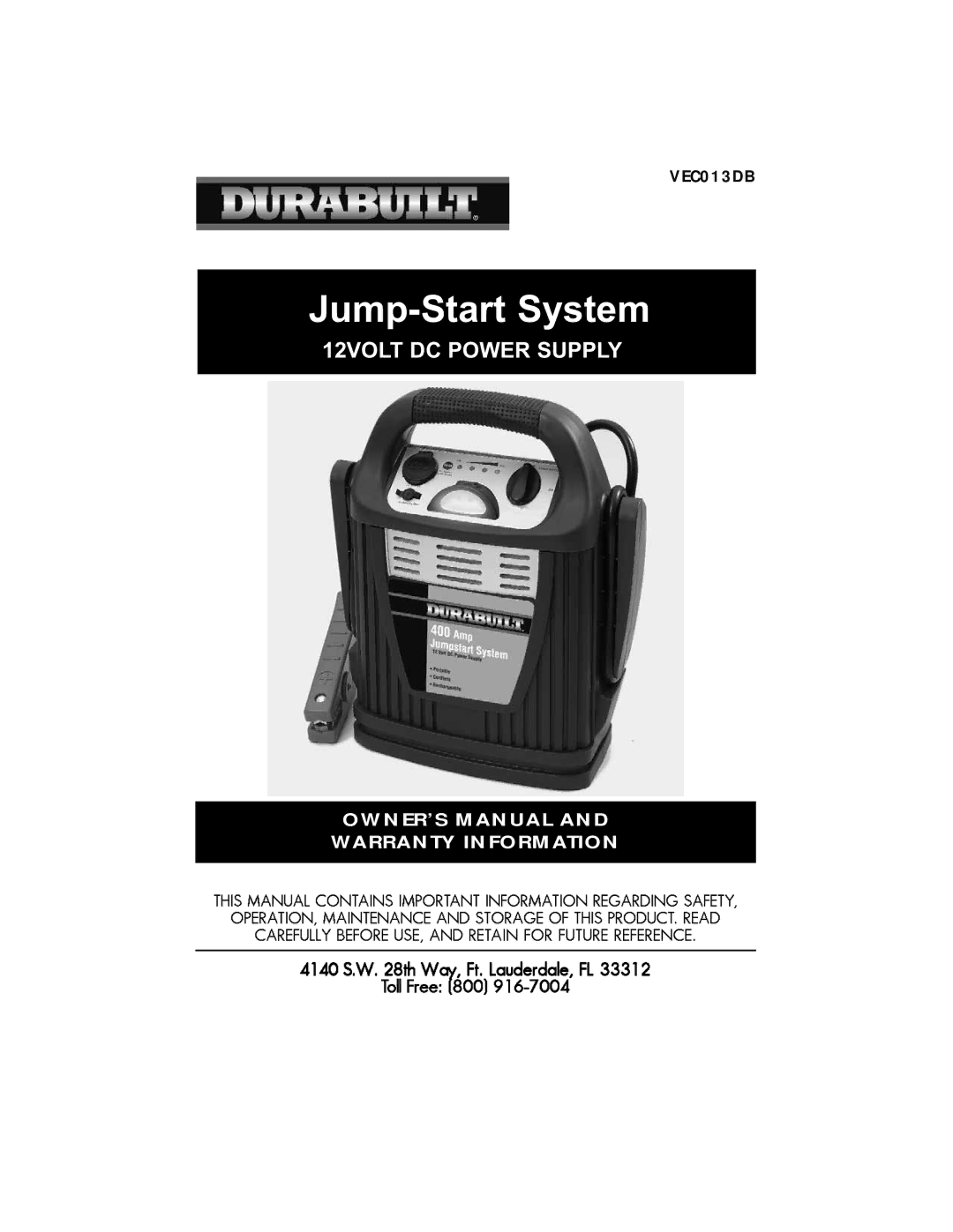 Vector RD122904, VEC013DB owner manual Jump-Start System 