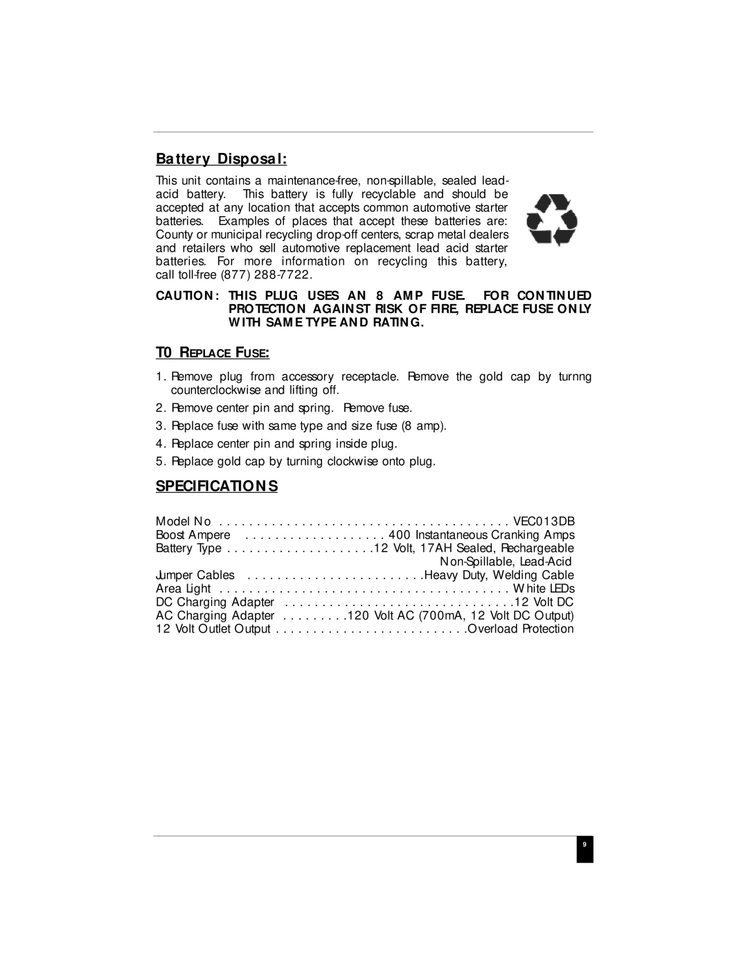 Vector VEC013DB, RD122904 owner manual Battery Disposal, Specifications 