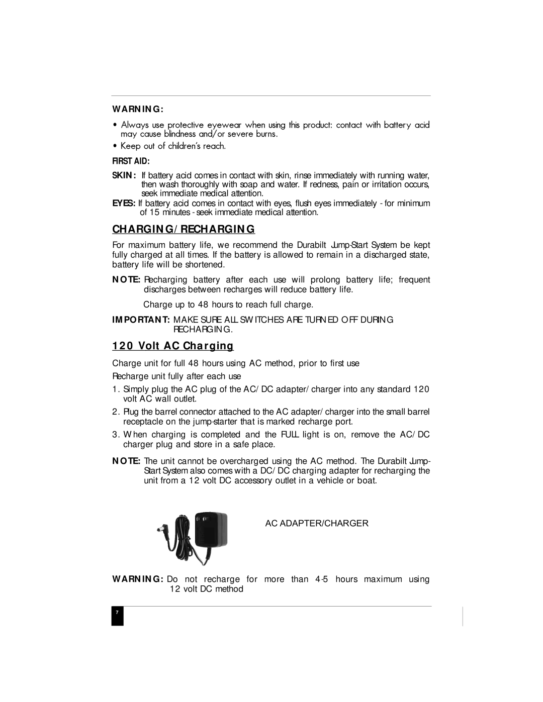 Vector VEC013DB, RD122904 owner manual Charging/Recharging, Volt AC Charging 