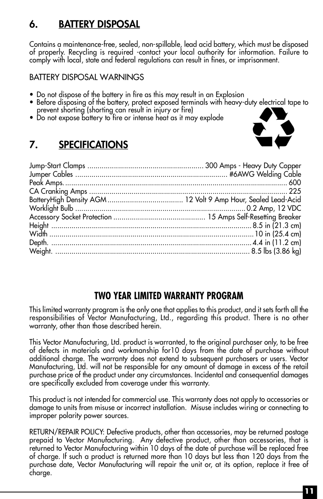 Vector VEC016 owner manual TWO Year Limited Warranty Program, Battery Disposal Warnings 