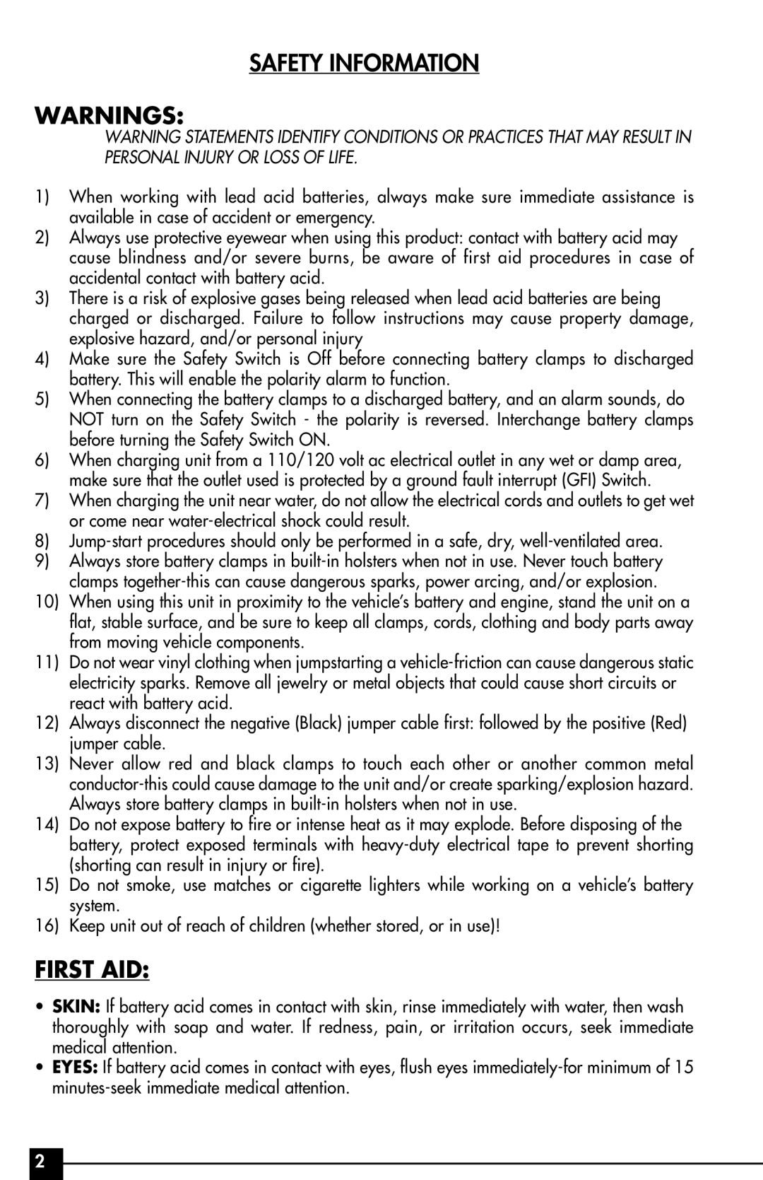 Vector VEC016 owner manual Safety Information, First AID 