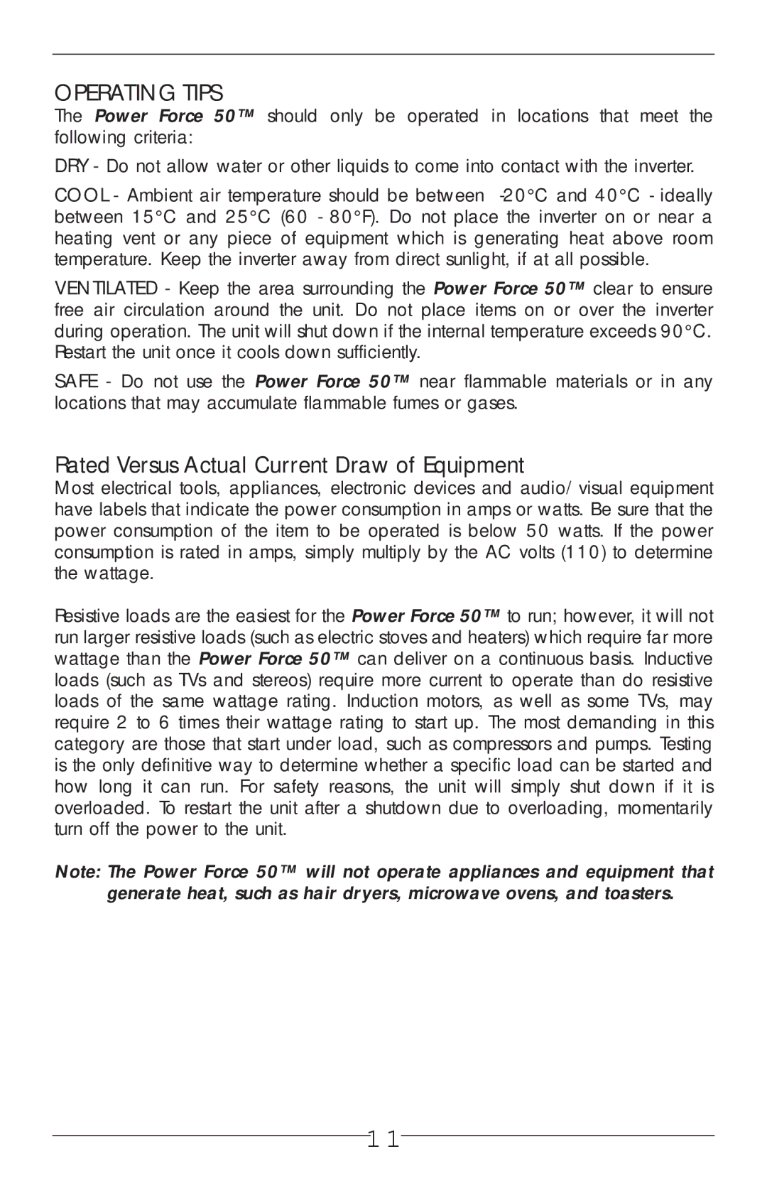 Vector VEC018-AC owner manual Operating Tips, Rated Versus Actual Current Draw of Equipment 