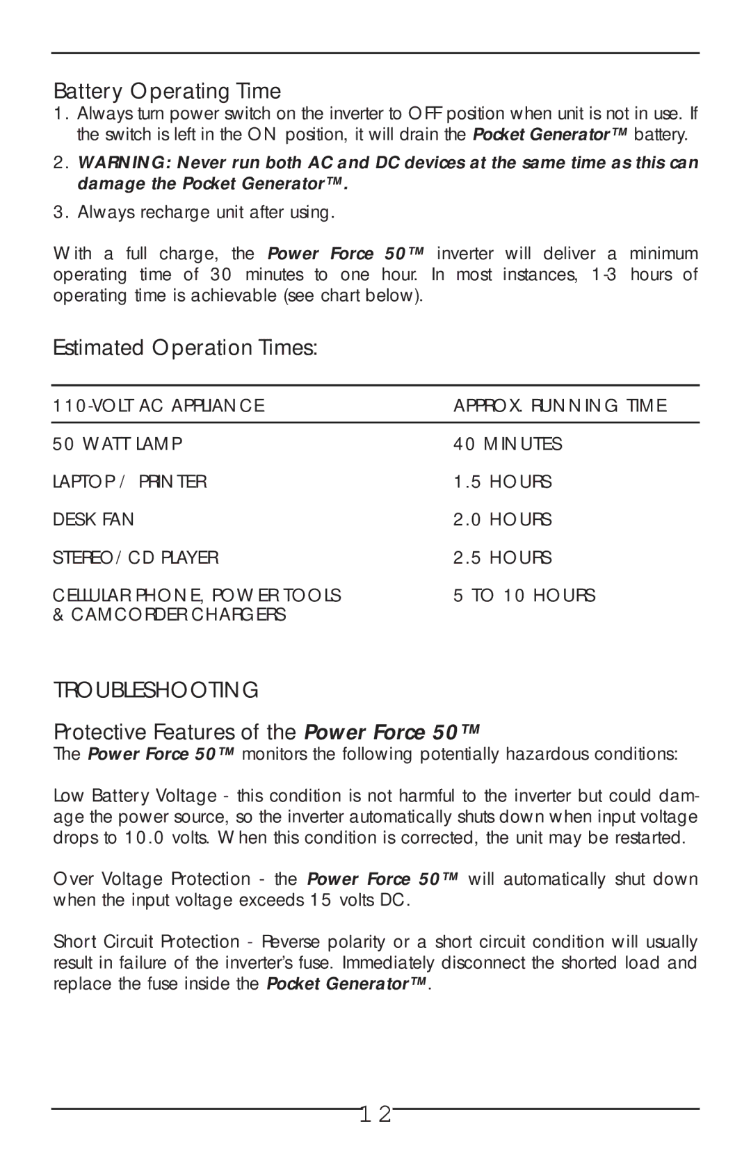 Vector VEC018-AC owner manual Battery Operating Time, Estimated Operation Times, Troubleshooting 