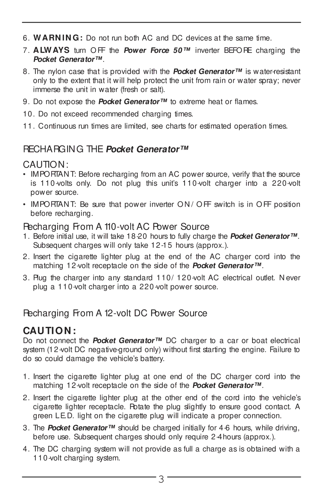 Vector VEC018-AC owner manual Recharging From a 110-volt AC Power Source, Recharging From a 12-volt DC Power Source 