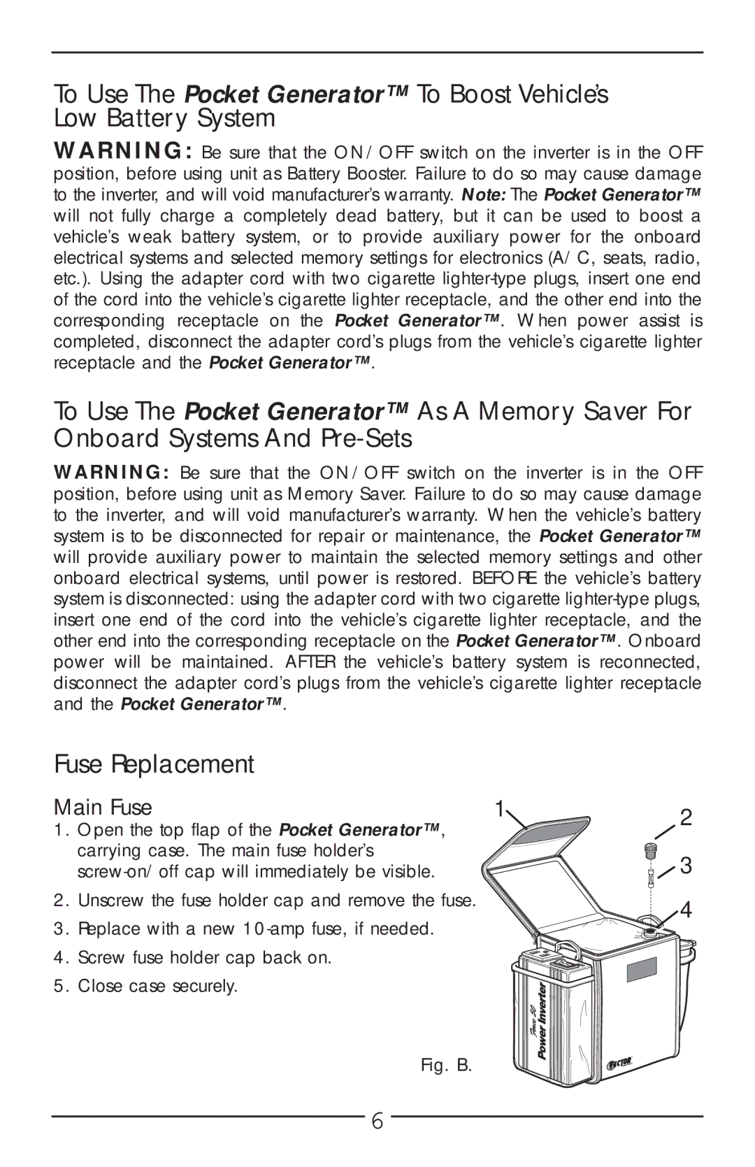 Vector VEC018-AC owner manual Main Fuse, Fig. B 