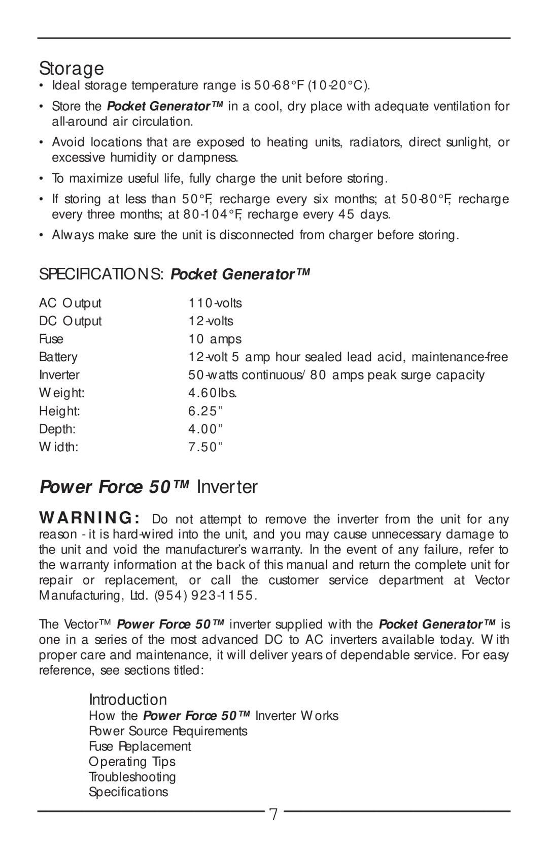 Vector VEC018-AC owner manual Storage, Introduction 