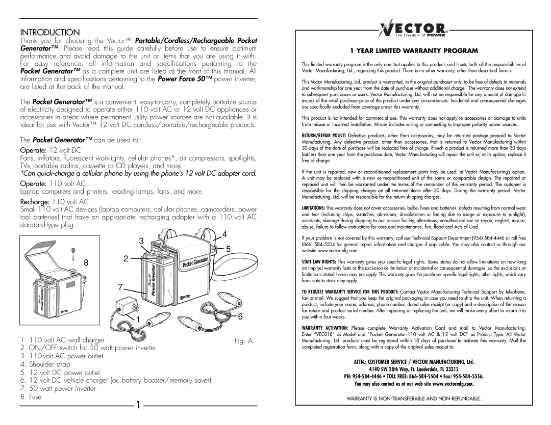 Vector VEC018 owner manual Introduction, Year Limited Warranty Program 