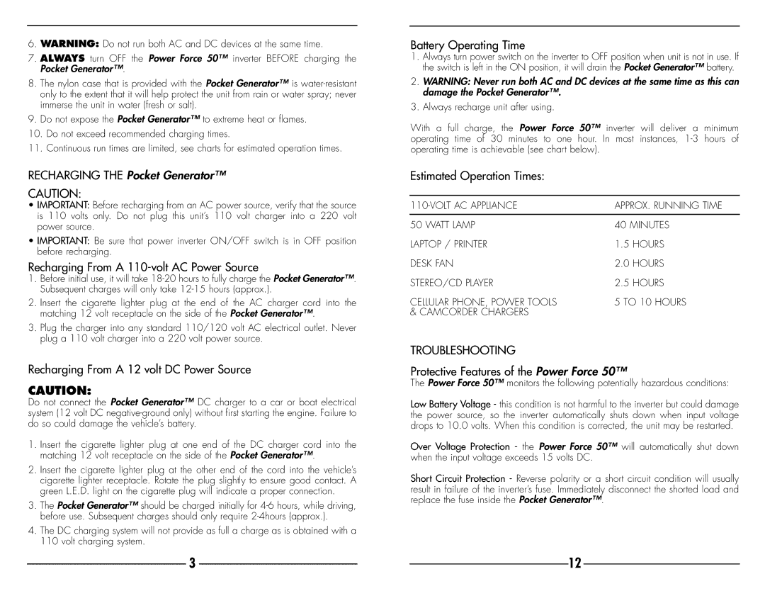 Vector VEC018 owner manual Recharging the Pocket Generator, Troubleshooting 