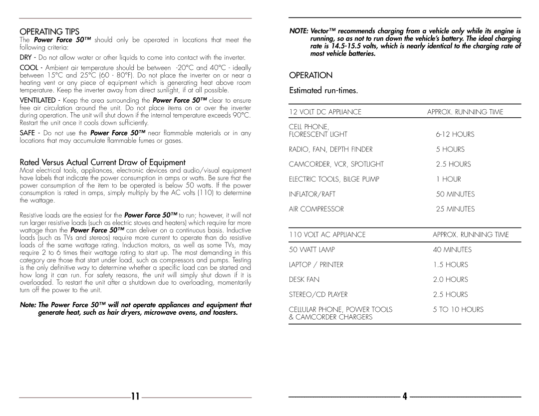 Vector VEC018 owner manual Operating Tips, Rated Versus Actual Current Draw of Equipment, Operation, Estimated run-times 