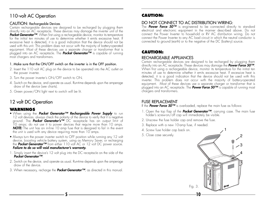 Vector VEC018 Volt AC Operation, Volt DC Operation, Do not Connect to AC Distribution Wiring, Rechargeable Appliances 