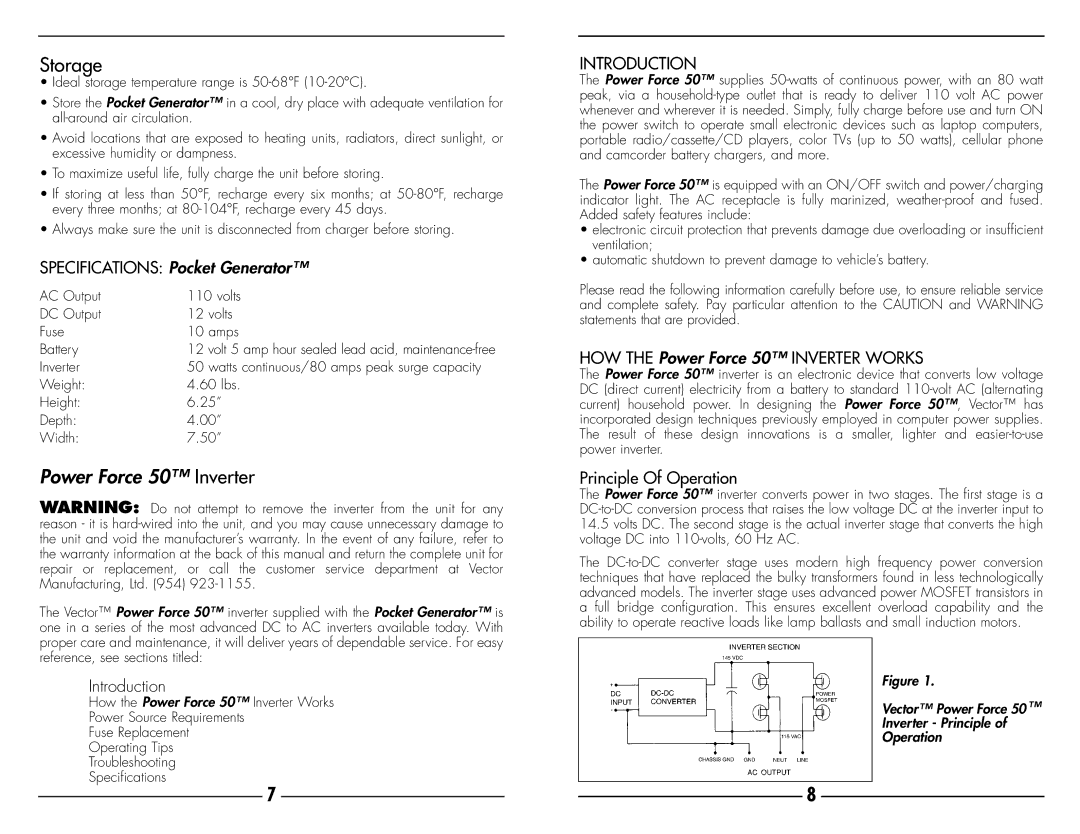 Vector VEC018 owner manual Storage, Specifications Pocket Generator, Introduction, HOW the Power Force 50 Inverter Works 