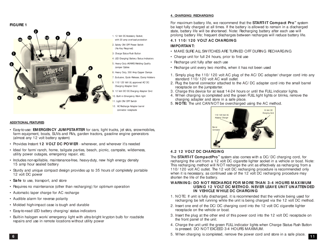 Vector VEC020 owner manual Charging/Recharging, Additional Features, 110/120 Volt AC Charging Important, Volt DC Charging 