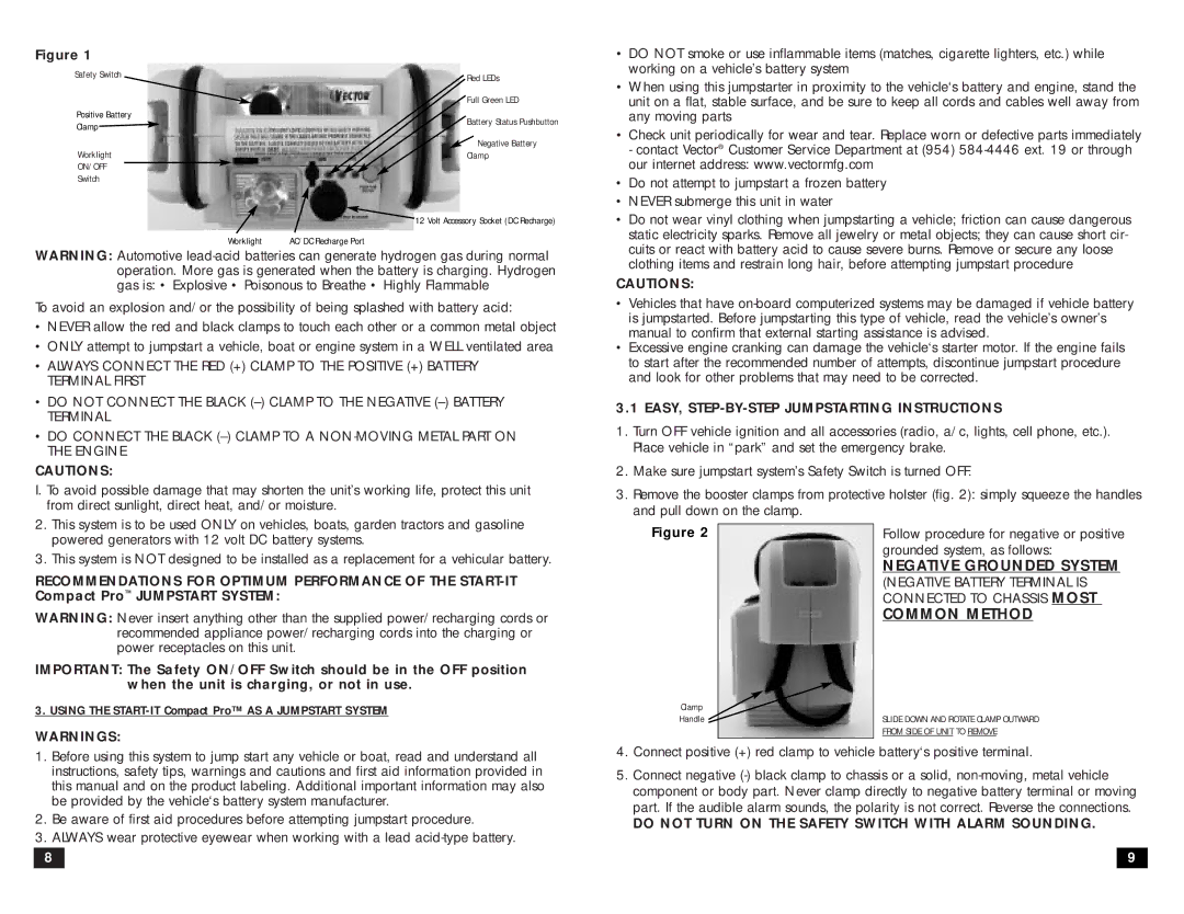 Vector VEC020 owner manual Negative Grounded System, Common Method, EASY, STEP-BY-STEP Jumpstarting Instructions 