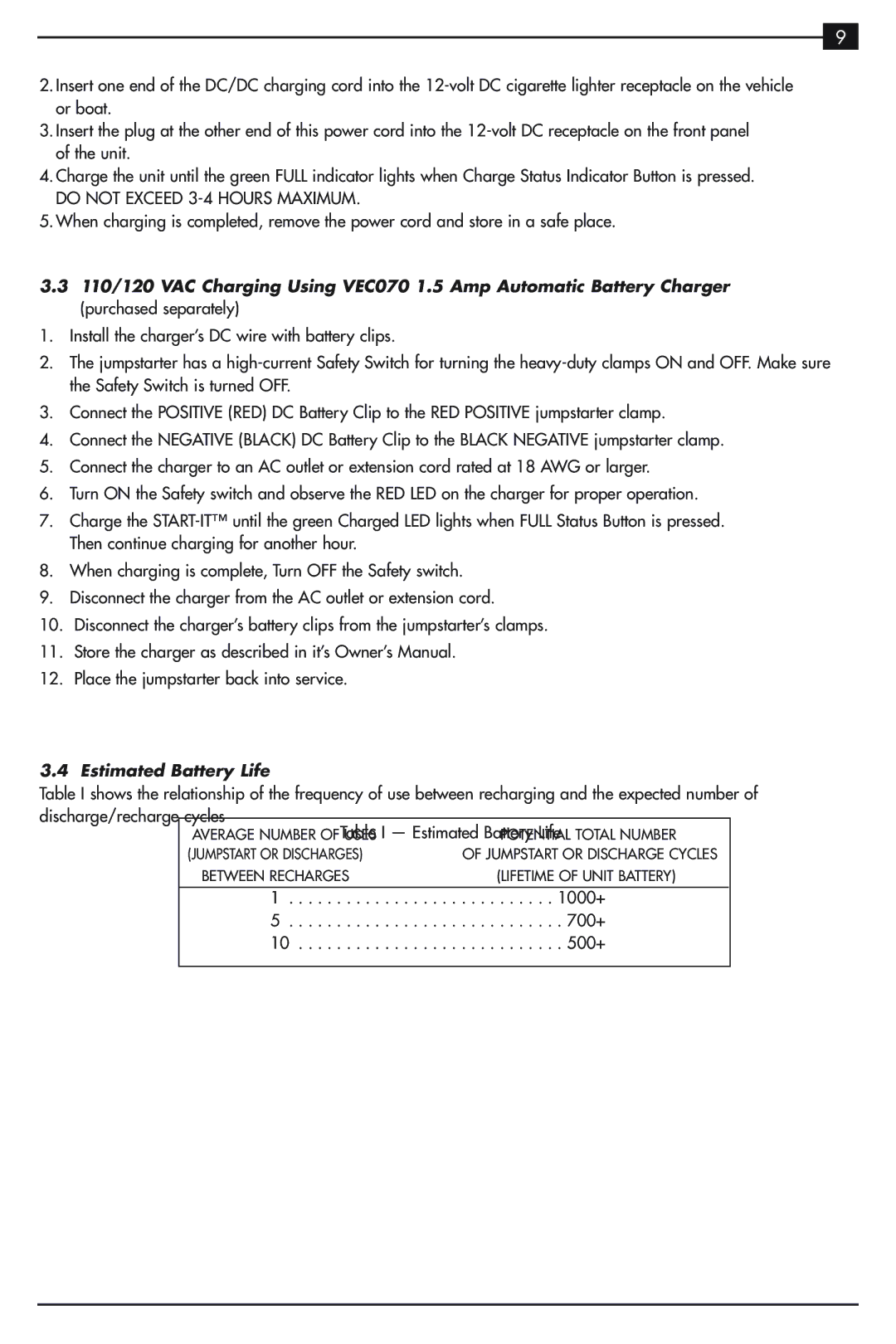 Vector VEC021ST owner manual Estimated Battery Life, Cycles 