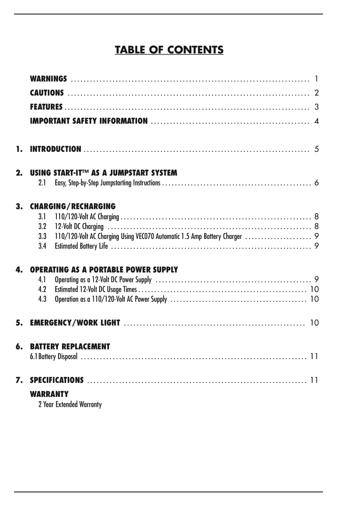 Vector VEC021ST owner manual Table of Contents 