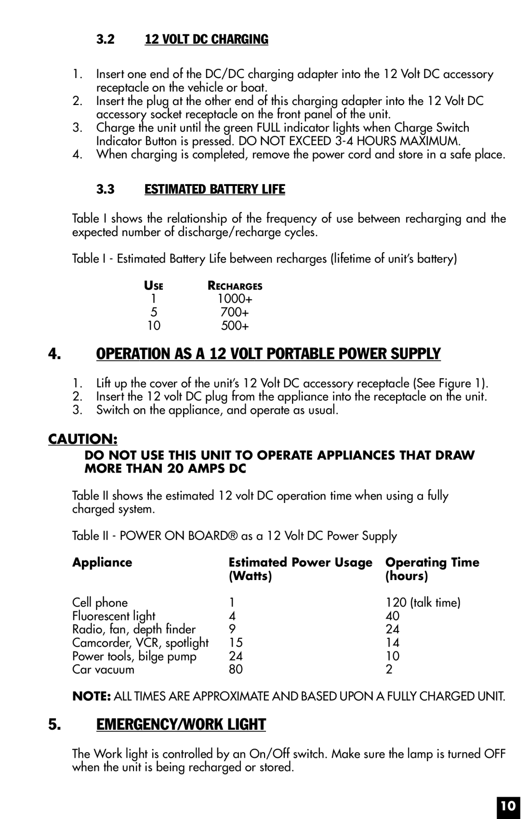 Vector VEC021STC owner manual Operation AS a 12 Volt Portable Power Supply, EMERGENCY/WORK Light, Volt DC Charging 