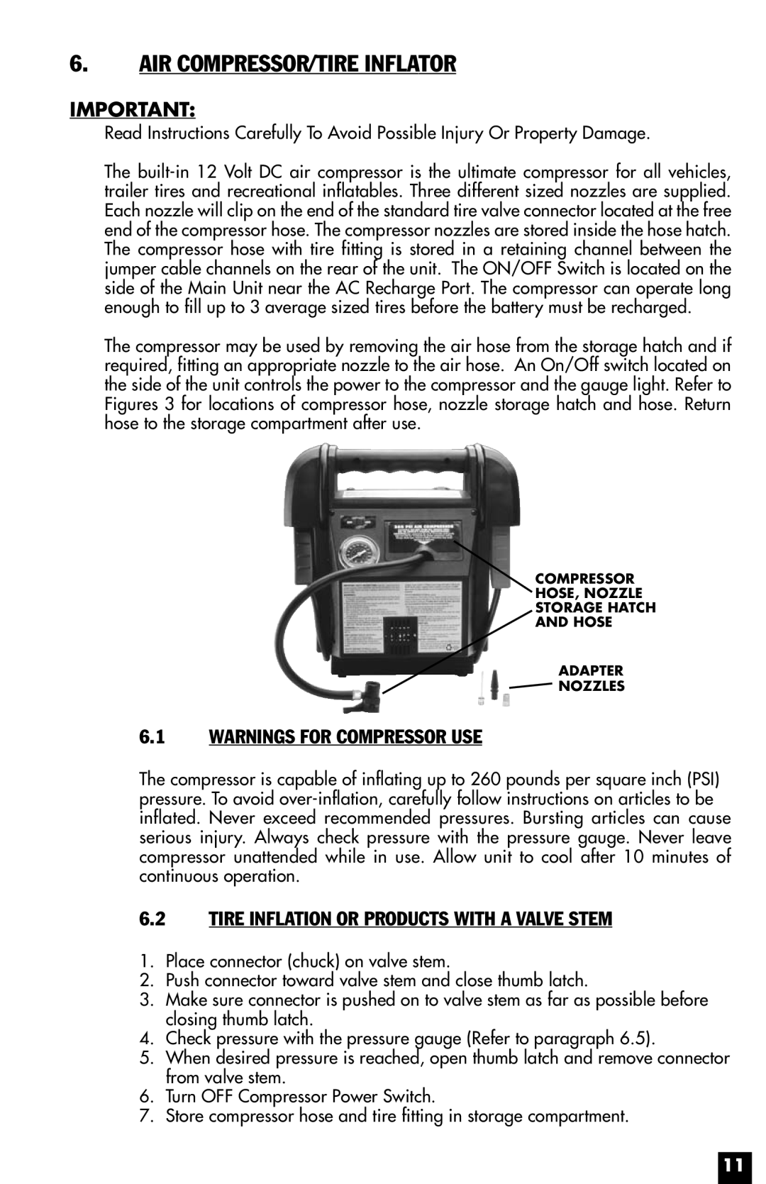 Vector VEC021STC owner manual AIR COMPRESSOR/TIRE Inflator, Tire Inflation or Products with a Valve Stem 