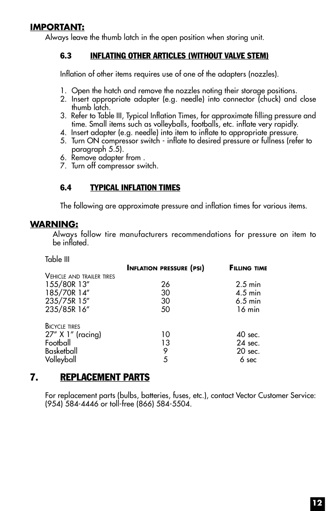 Vector VEC021STC owner manual Replacement Parts, Inflating Other Articles Without Valve Stem, Typical Inflation Times 