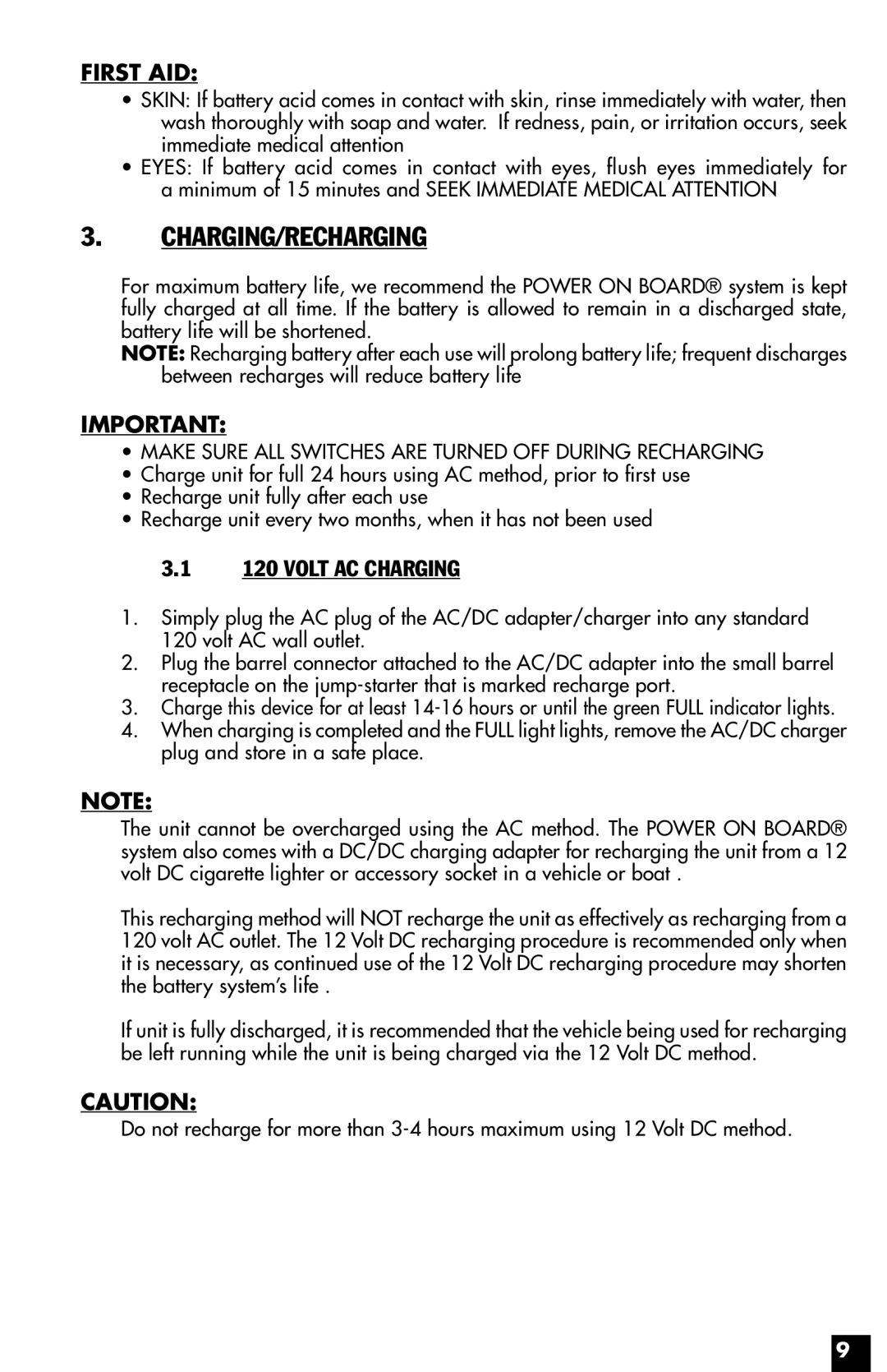 Vector VEC021STC Charging/Recharging, Volt AC Charging, Make Sure ALL Switches are Turned OFF During Recharging 