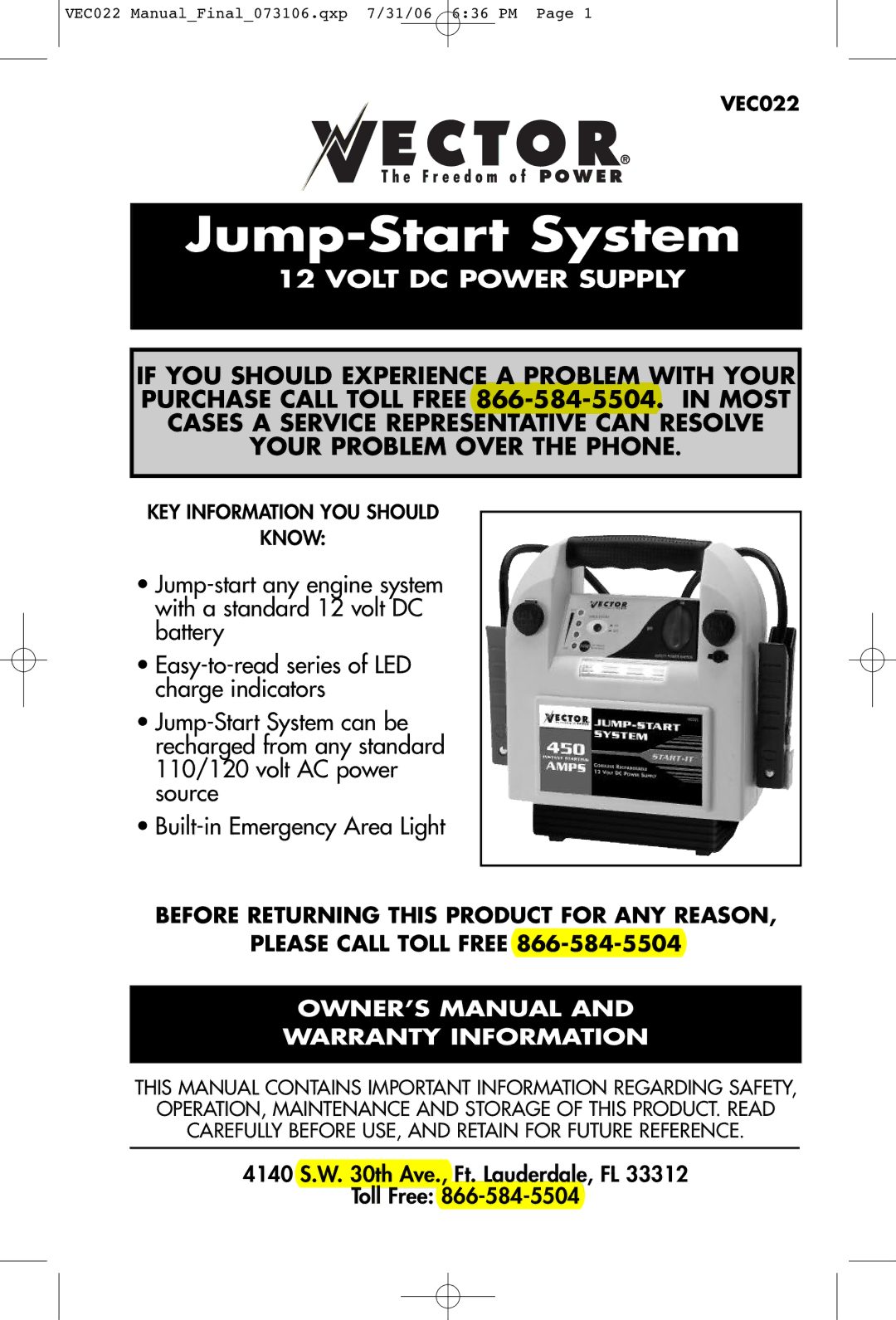 Vector VEC022 owner manual Jump-Start System 