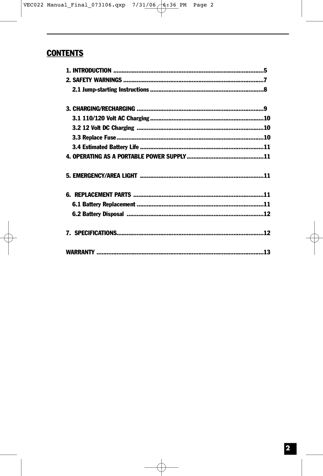 Vector VEC022 owner manual Contents 