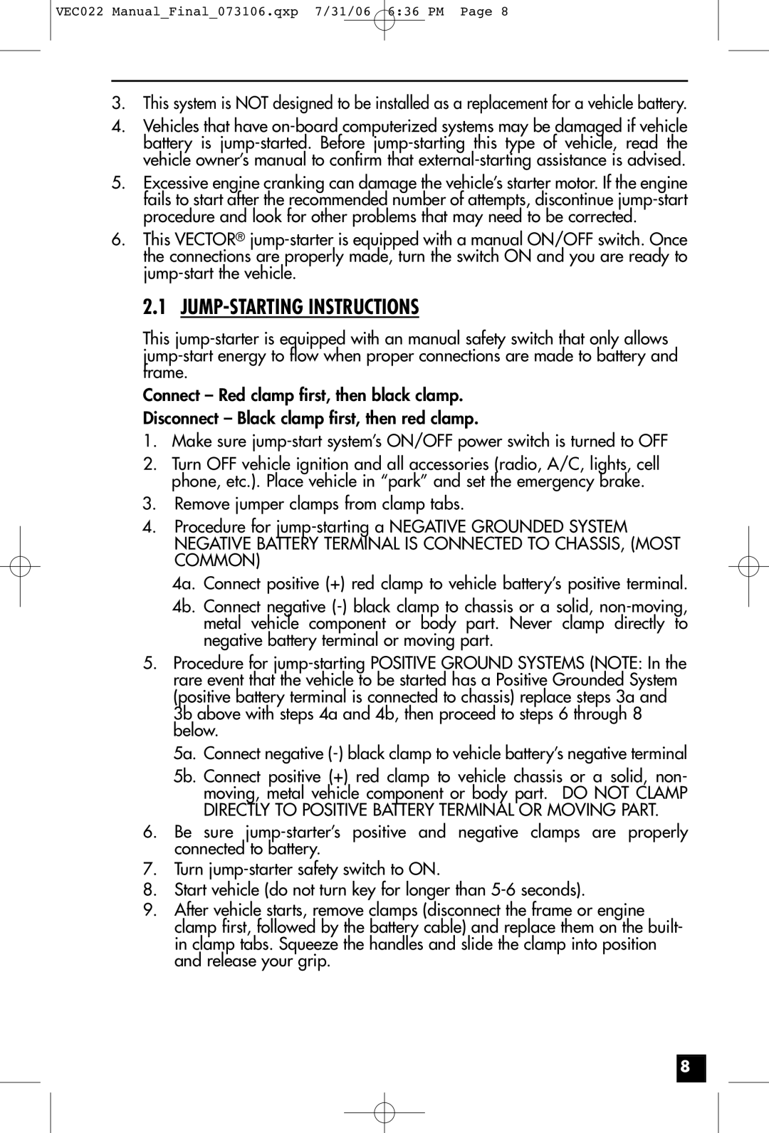 Vector VEC022 owner manual JUMP-STARTING Instructions 